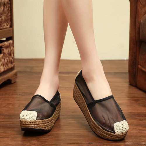 民族风汉服鞋老北京绣花布鞋舒适一脚蹬网纱松糕厚底休闲鞋女单鞋