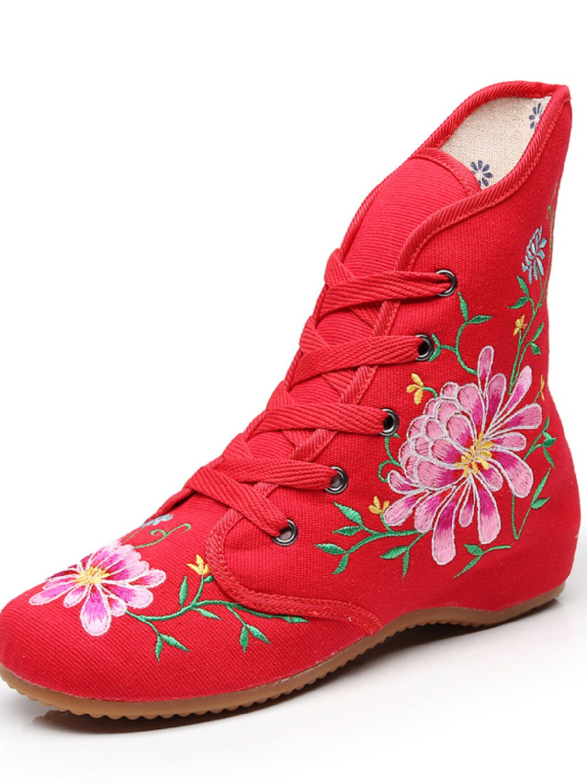 SQUARE DANCE SHOES SPRING AND AUTUMN FOLK EMBROIDERY LACE-UP BOOTS HIGH TOP INNER HEIGHT COW TENDON BOTTOM WEDGE OLD BEIJING CLOTH SHOES