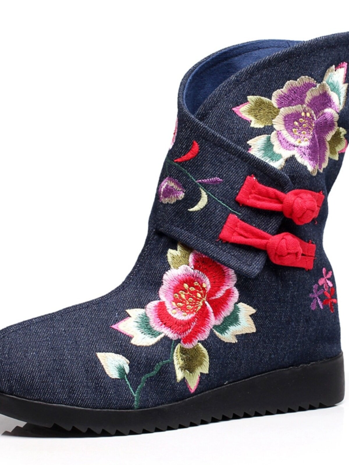 CHINESE STYLE EMBROIDERED COTTON BOOTS LOW HEEL OLD BEIJING CLOTH SHOES FLAT BOOTS ETHNIC STYLE VELVET WARM WOMENS CLOTH BOOTS AUTUMN AND WINTER