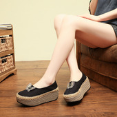 高跟厚底内增高复古松糕底亚麻套脚单鞋 老北京布鞋 女民族风绣花鞋