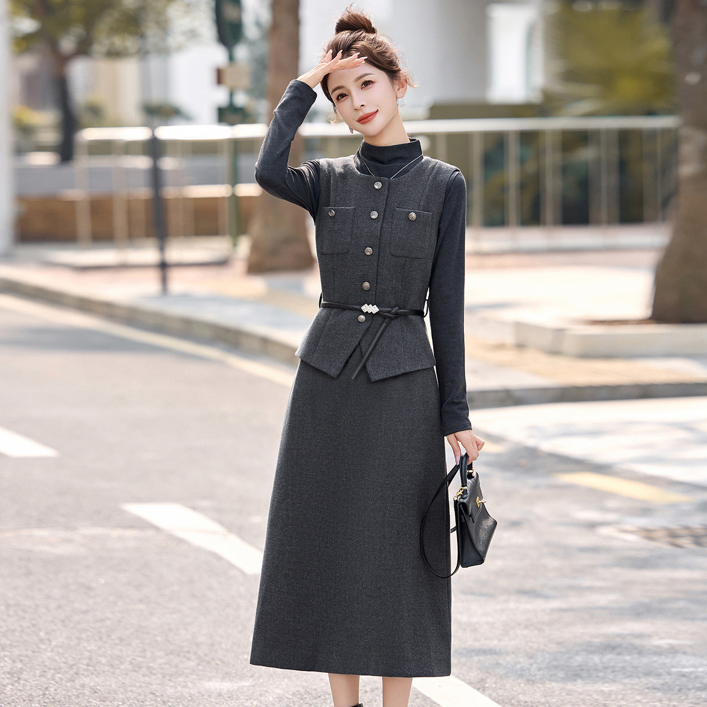 小香风套装女2026春季新款气质半高领打底衫毛呢马甲连衣裙两件套,女装/女士精品,时尚套装,淘宝优惠券,粉丝福利购,淘宝优惠卷