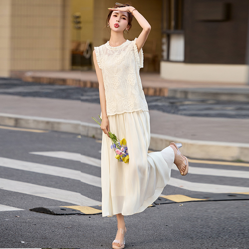 法式复古精致蕾丝绣花显瘦背心松紧腰半身裙两件套女2025夏季新款