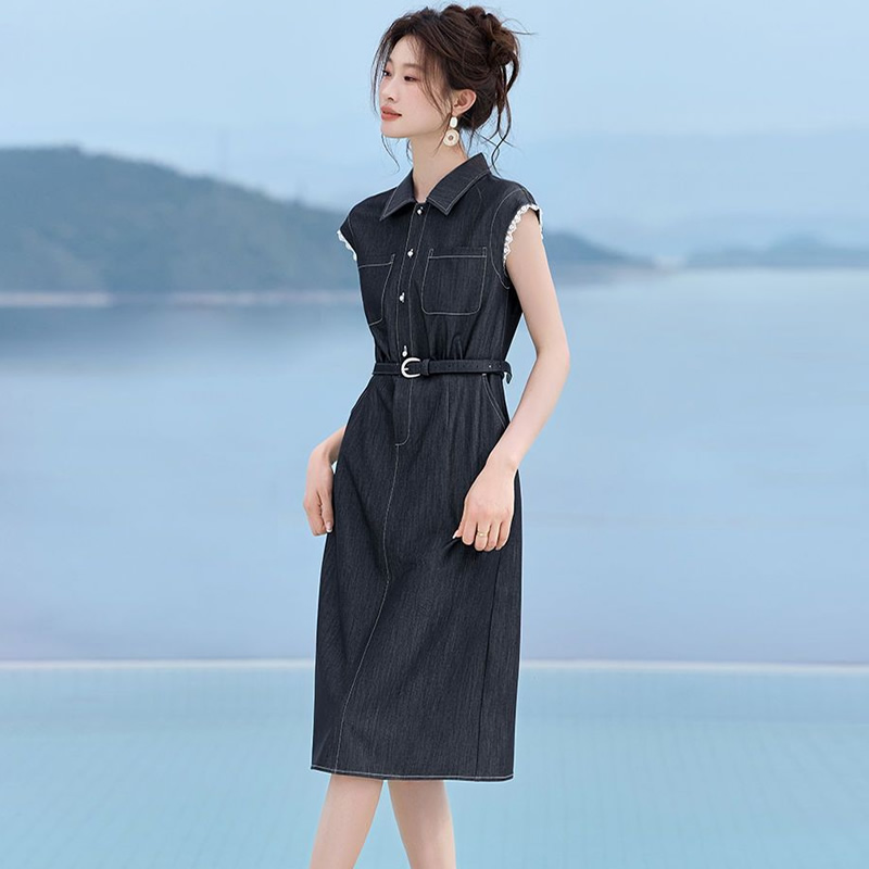 复古无袖牛仔连衣裙女夏季薄款