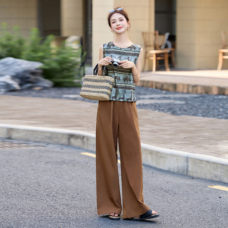 高级感老钱风套装女夏季2025新款复古印花大象上衣配阔腿裤两件套
