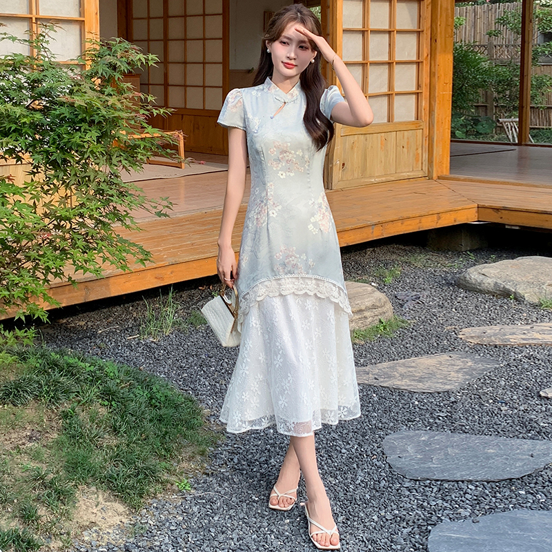 新中式蕾丝拼接假两件连衣裙女2025新款夏季复古盘扣改良旗袍裙子