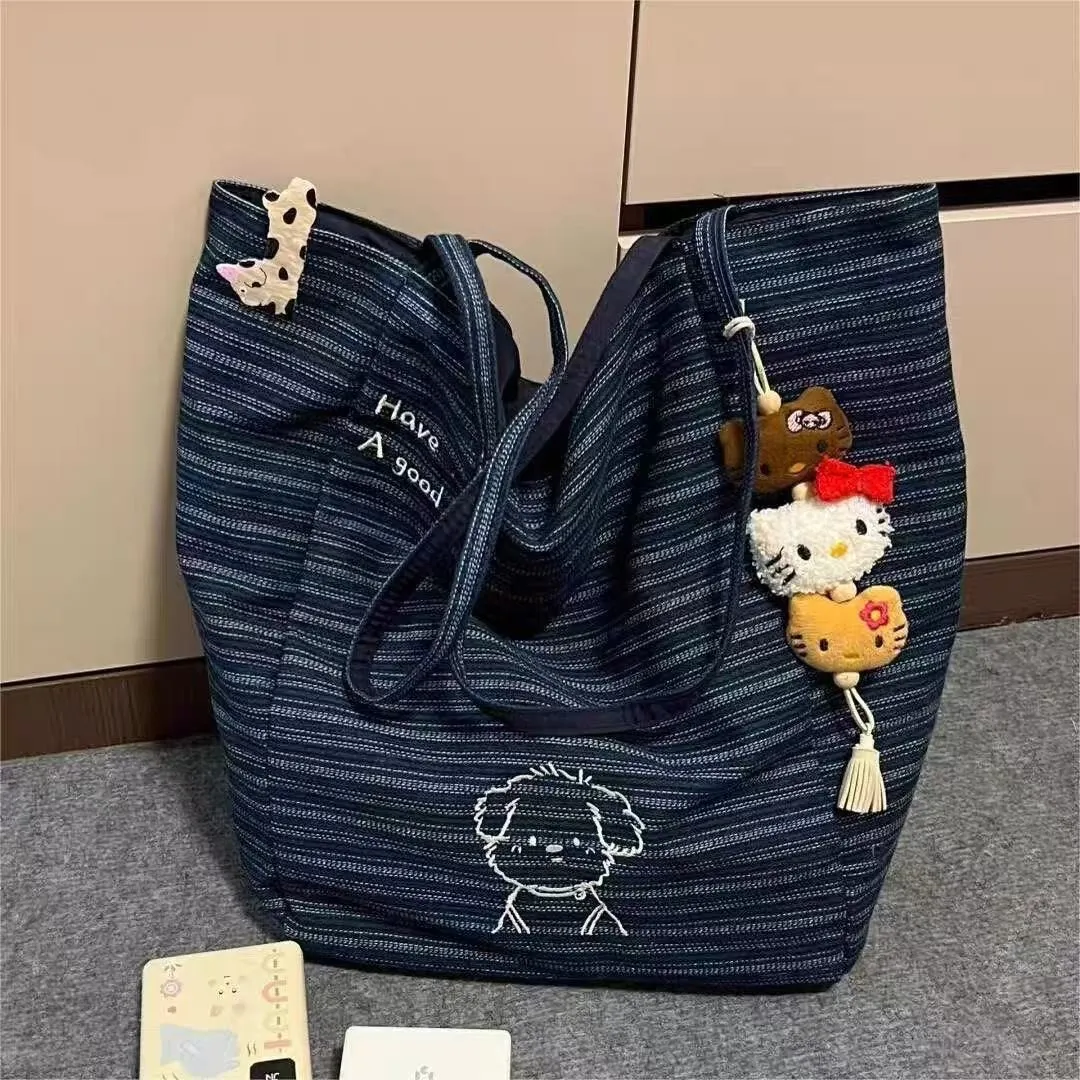 复古牛仔小狗托特包百搭韩系双面帆布包条纹百搭KT猫挂件布袋