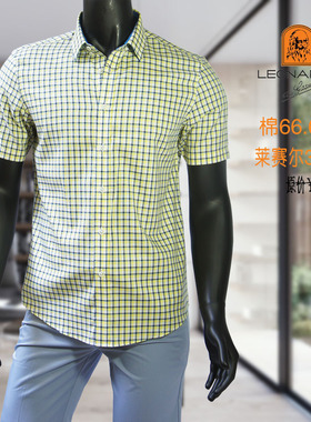 LEONARDO利奥纳多老人头时尚夏季黄色格子上班休闲短袖衬衫1244
