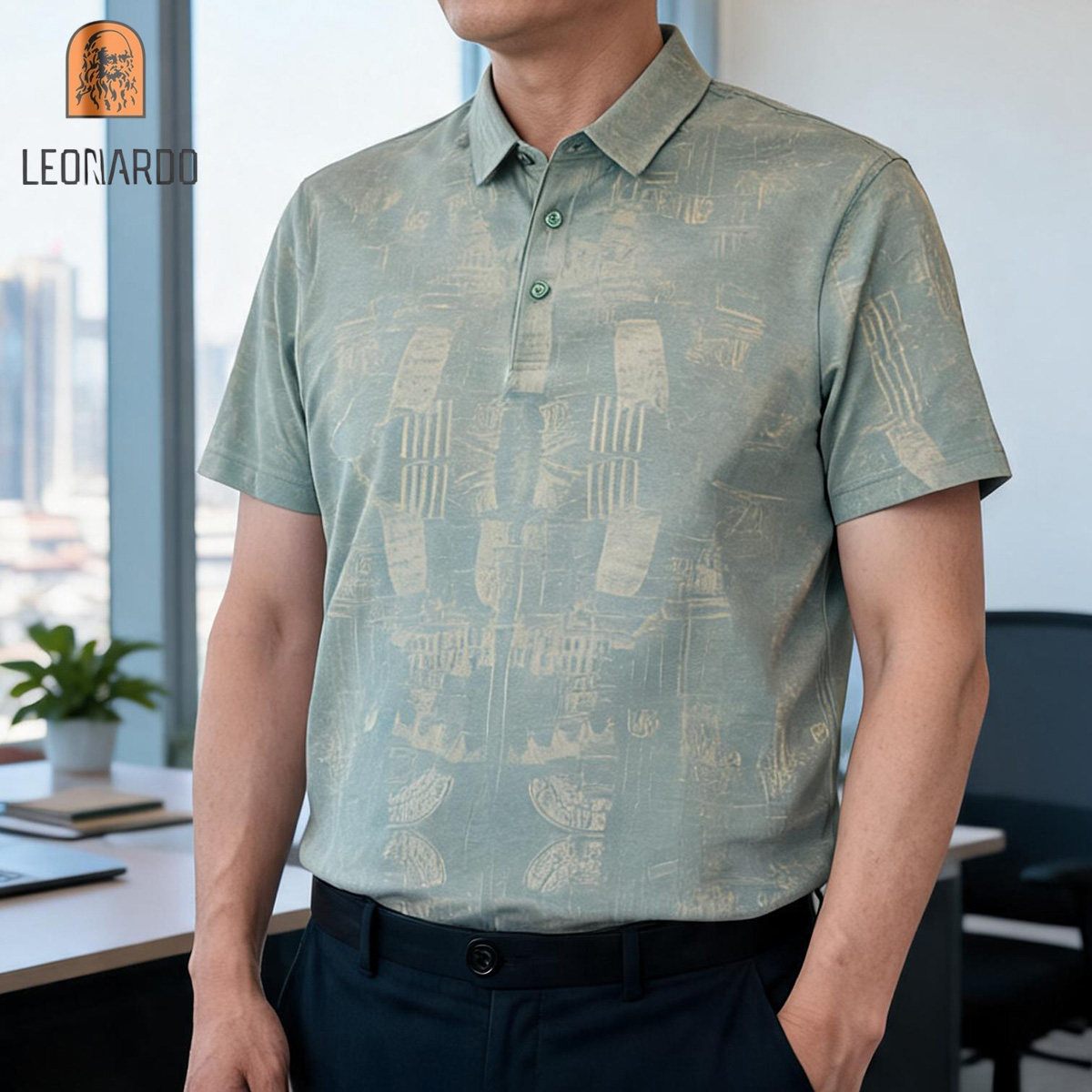 利奥纳多桑蚕丝暗花短袖商务