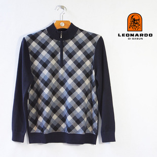 缺54码LEONARDO利奥纳多冬季休闲半高拉链格子长袖毛衣羊毛衫0229