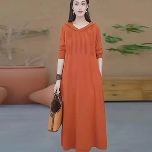收腰显瘦遮肉长裙 针织提花连衣裙2023秋冬新款 连帽长款 毛衣裙时尚