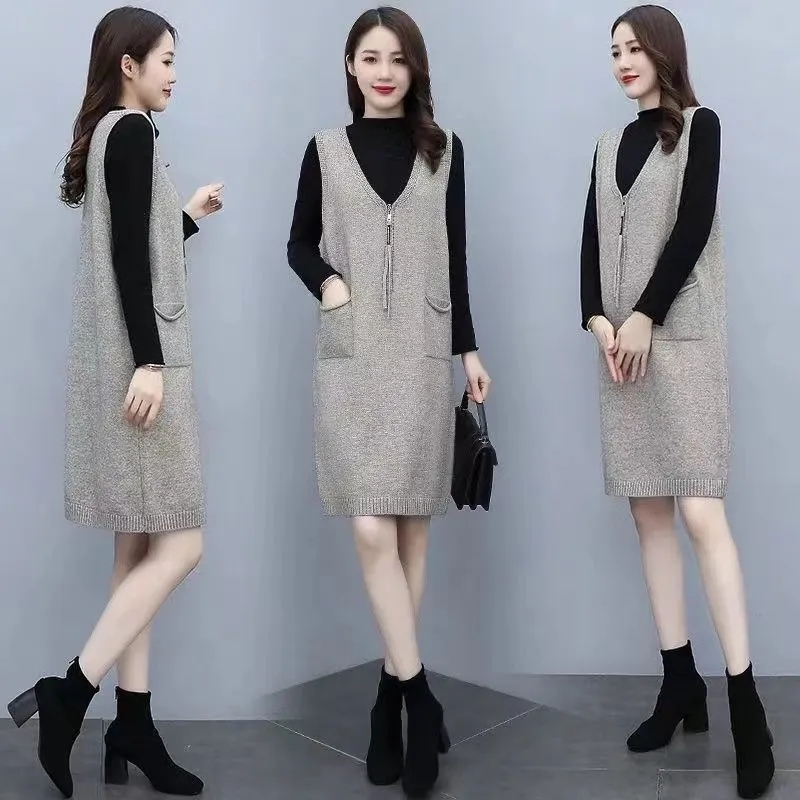 A字裙针织纯色拼接拉链春秋装