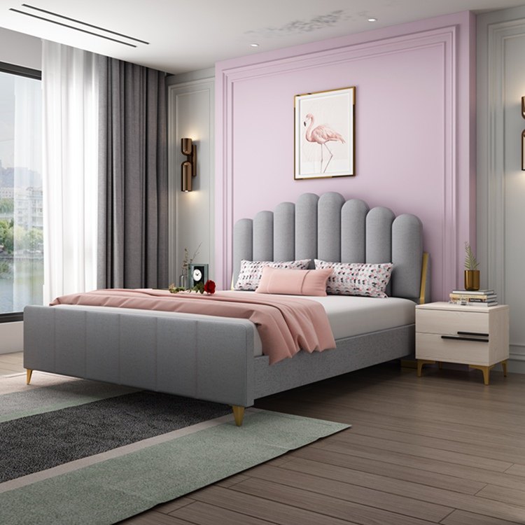 后现代美式轻奢意式极简网红双人床实木框架科技布艺软床松木床边