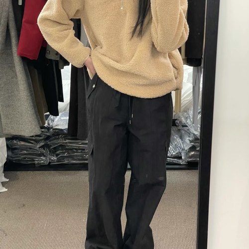 form韩国代购Morethanyesterday腰部可调节抽绳厚加绒直筒工装裤