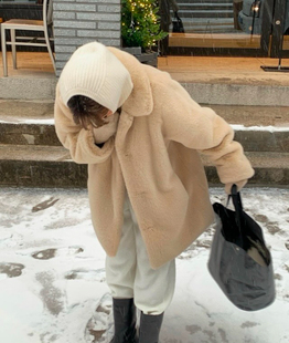 form韩国代购 小黑熊翻领中长仿皮草 mone小白熊宽松休闲外套代购