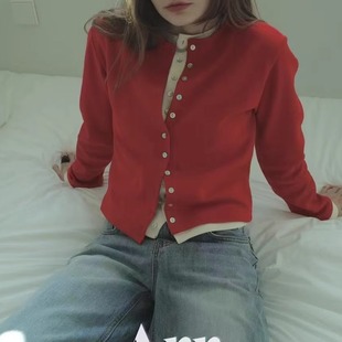 form韩国东大门代购 女秋 ARR撞色双层门襟圆领假两件针织开衫