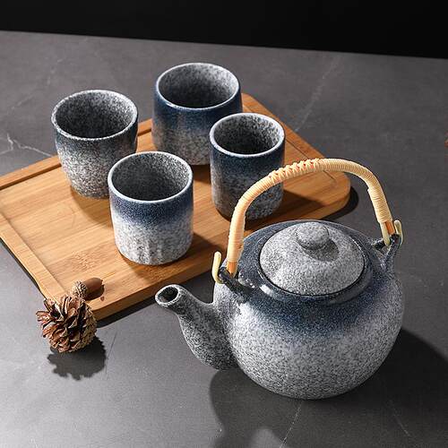 日式商用餐厅陶瓷水壶竹柄手提茶壶套装创意复古风大容量茶具