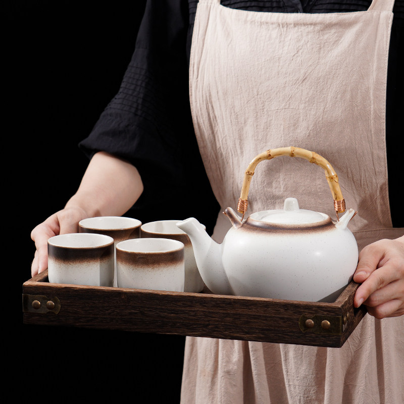 日式商用餐厅陶瓷水壶竹柄手提茶壶套装创意复古风大容量茶具