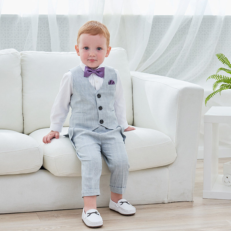 男童礼服夏宝宝周岁生日套装表演服浅灰格花童婚礼服装男孩小西装