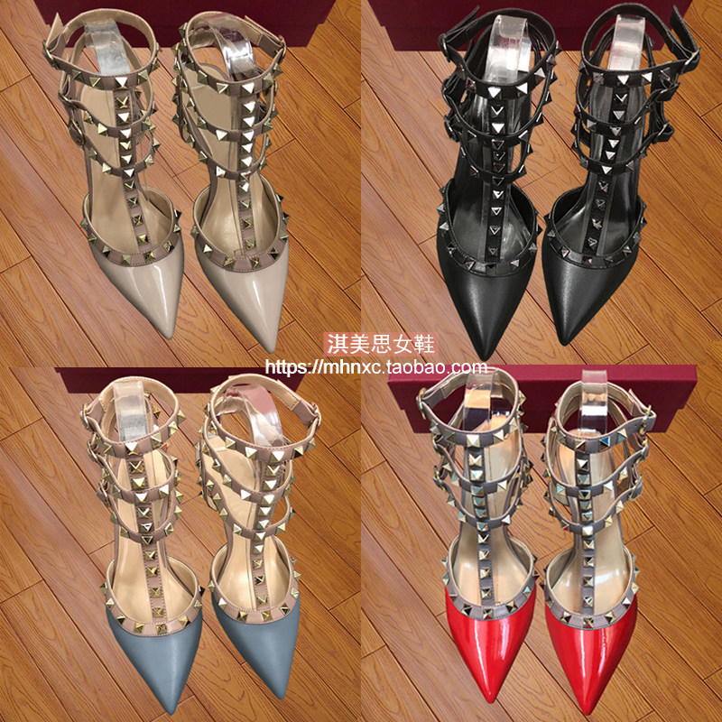 V家铆钉高跟鞋2025女细跟真皮绑带凉鞋夏季尖头柳丁鞋女伴娘婚鞋