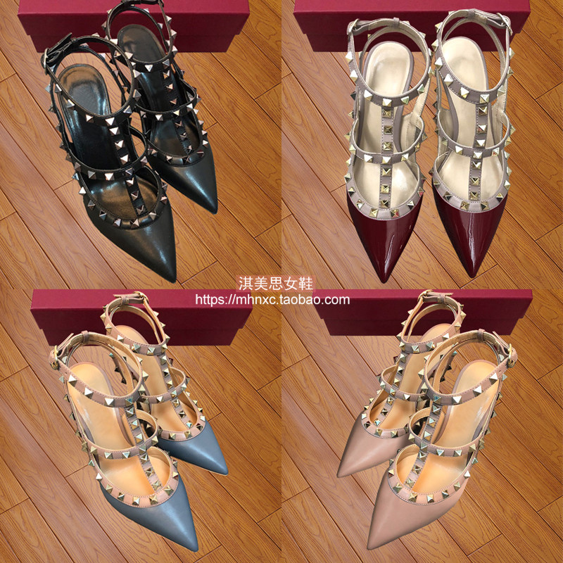 v家铆钉高跟鞋女2025新款柳丁尖头细跟凉鞋真皮绑带包头伴娘婚鞋