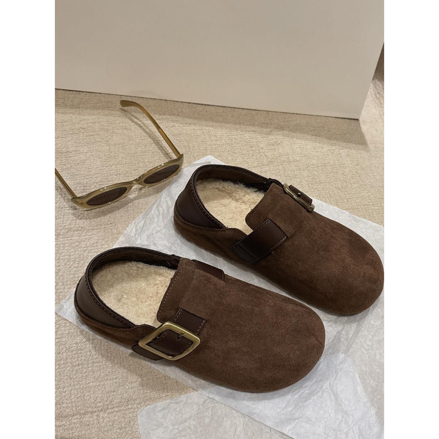 复古搭扣博肯鞋加绒棉鞋平底休闲单鞋外穿内毛毛鞋