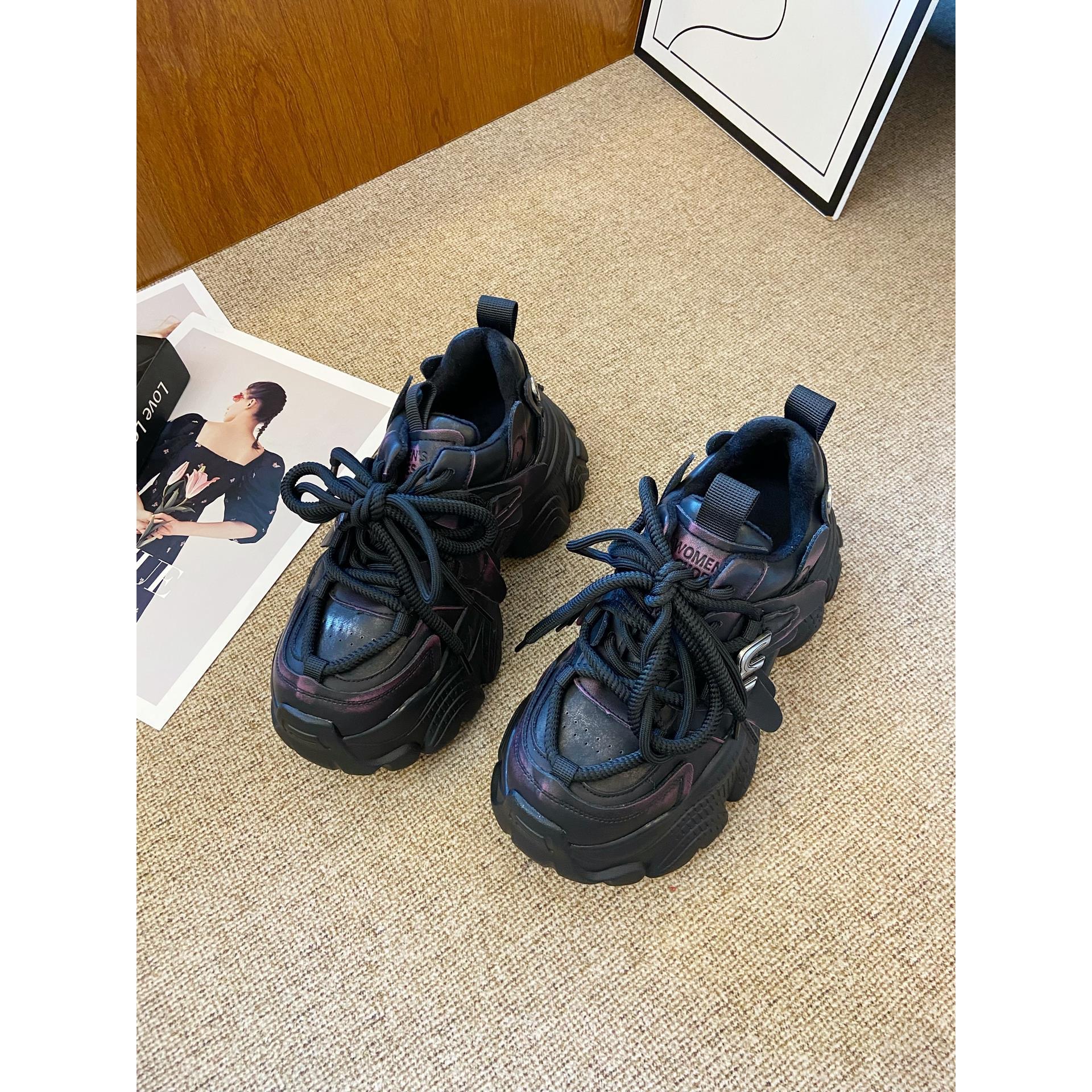 欧货冬季棉鞋时尚厚底老爹鞋女黑色运动休闲鞋潮鞋小个子百搭