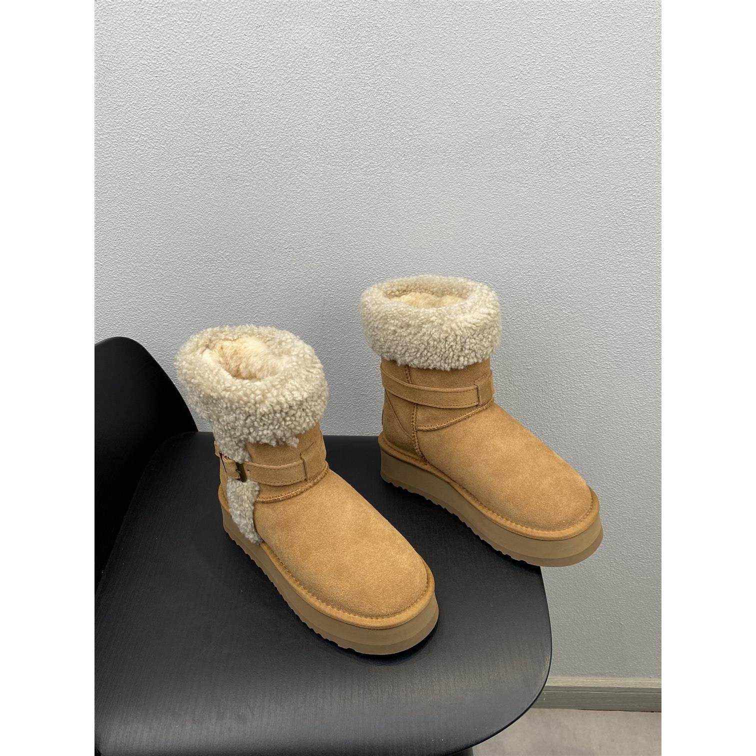 2025冬季新款时尚百搭圆头厚底舒适雪地靴皮带扣轻便真皮羊毛短靴,女鞋,时尚雪地靴,淘宝优惠券,粉丝福利购,淘宝优惠卷