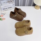 断码 冬季 清仓 加绒勃肯鞋 女厚底休闲鞋 保暖毛绒扣带装 饰松糕鞋