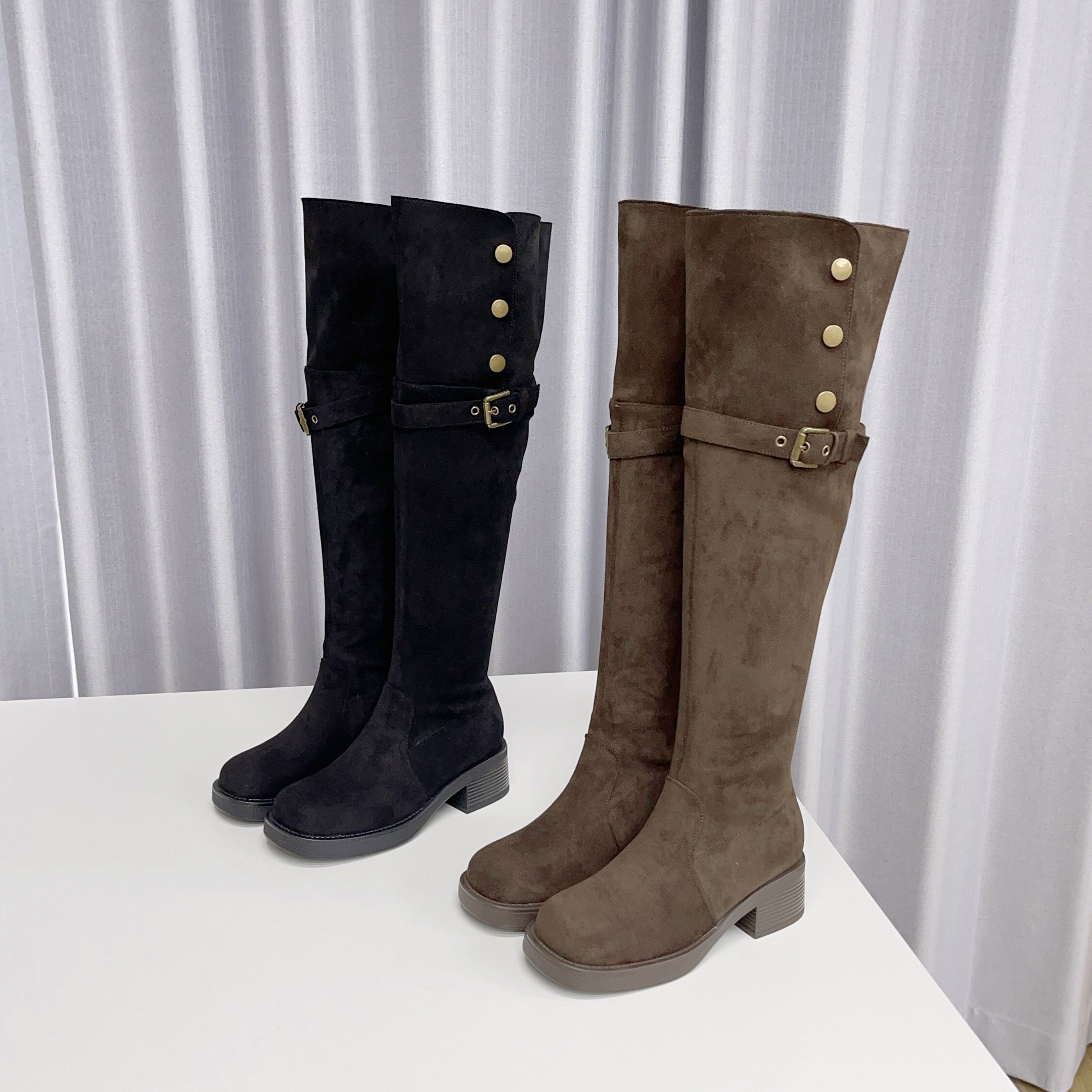 英伦风粗跟皮带扣过膝长靴女2025秋冬加绒百搭瘦瘦靴高筒靴,女鞋,烟筒靴,淘宝优惠券,粉丝福利购,淘宝优惠卷