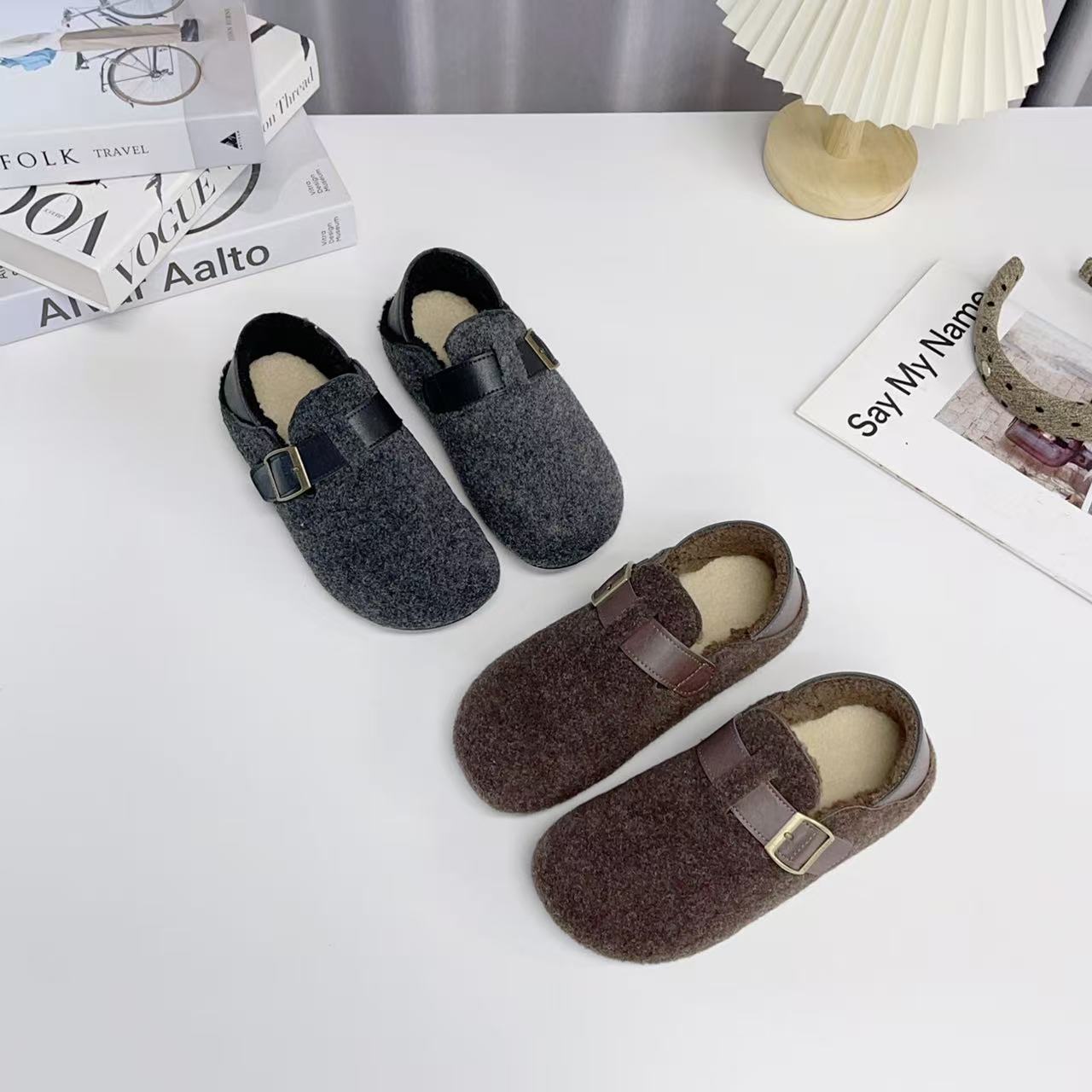 毛毛勃肯鞋女加绒一脚蹬休闲鞋