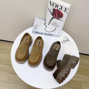 春秋复古厚底磨砂真皮乐福鞋 女英伦风百搭一脚蹬休闲单鞋