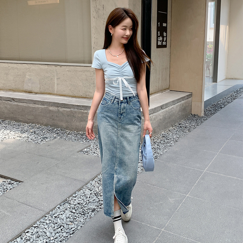 高腰开叉半身裙女小个子2025夏季薄款复古显瘦中长款a字牛仔裙子