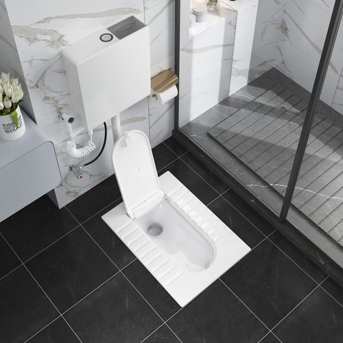 家用卫浴带盖板蹲便器陶瓷冲水箱套装防臭蹲坑卫生间大便器