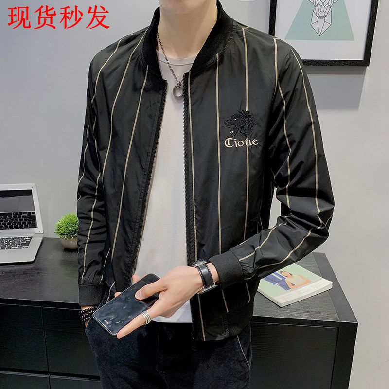 2025春秋季新款立领夹克男韩版修身潮流条纹帅气百搭薄款男士外套