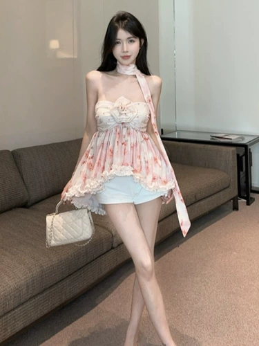 Милый топ без лямок, приталенный бюстгальтер-топ, открытые плечи, в цветочек, цветочный принт, высокая талия