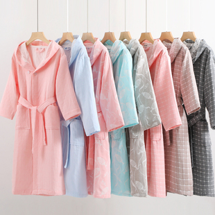 成人纱布带帽带扣春夏浴袍女男和服三层柔软睡袍吸水游泳美容院