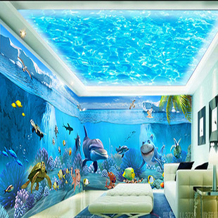 海豚墙壁贴画壁纸自粘海底世界海洋主题房背景墙贴画儿童定制壁画