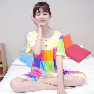家居服 夏季 绵绸女士短袖 睡衣女套装 棉绸卡通可爱格子人造棉布薄款
