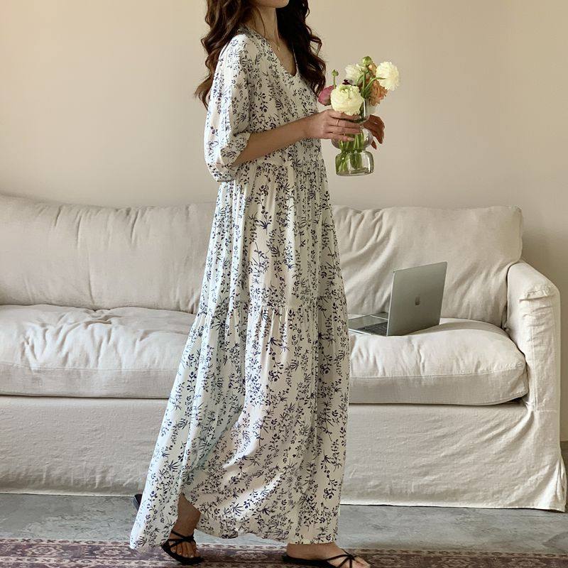 睡裙女士睡衣夏季人造棉绸短袖家居服夏天绵绸长款裙子休闲可外穿