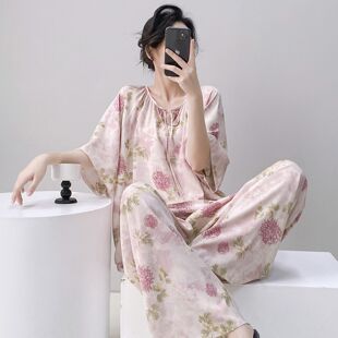 睡衣女春秋季绵绸清冷感新国风家居服可外穿简约慵懒风棉绸套装夏