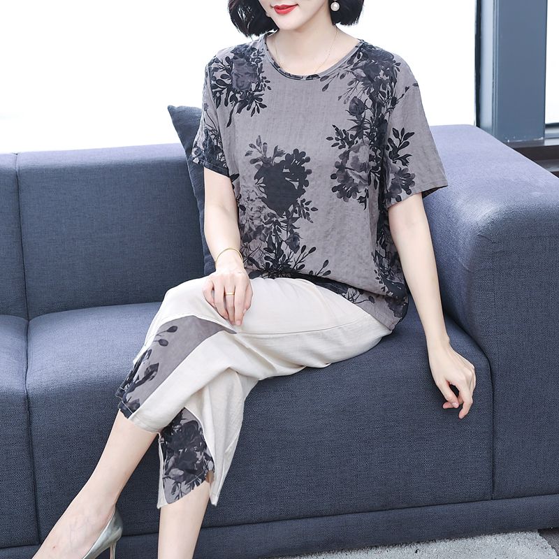 妈妈夏天套装棉亚麻洋气新款短袖两件套棉麻睡衣中老年人棉绸大码