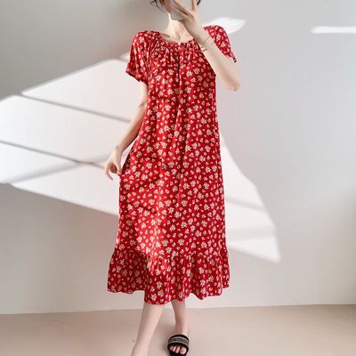 2025新款睡裙女春夏季棉绸中国红碎花连衣裙气质感长裙绵绸睡衣薄