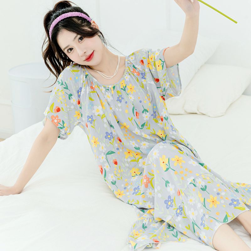 棉绸长款睡裙大码宽松甜美夏季