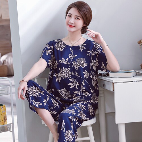 棉绸两件套中老年夏季短袖妈妈装