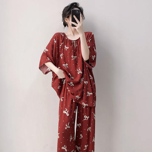 新款棉绸睡衣女款大码短袖人造棉宽松夏天凉感高级可外穿家居服薄