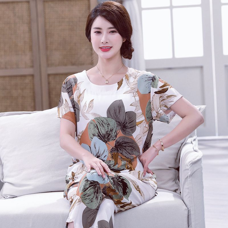 中老年绵绸短袖外穿人造棉妈妈装