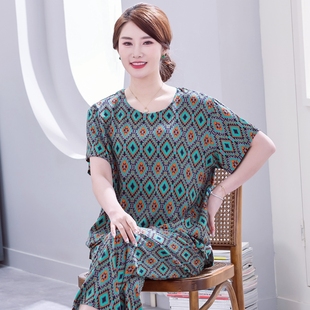 睡衣女夏季 中老年人纯棉绸中年妈妈短袖 绵绸人造棉家居服两件套装