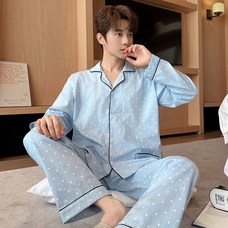 春秋季睡衣男士新款纯棉布长袖青少年大码梭织全棉夏季家居服套装