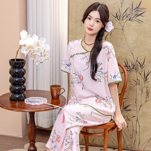 大码 长裤 人造棉套装 家居服 外穿新中式 薄款 棉绸睡衣女夏季 国风短袖