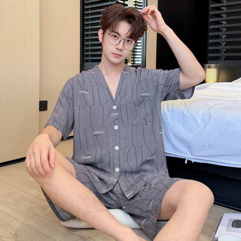 2025新款睡衣男夏季棉绸短袖短裤薄款人造棉大码青少年家居服套装